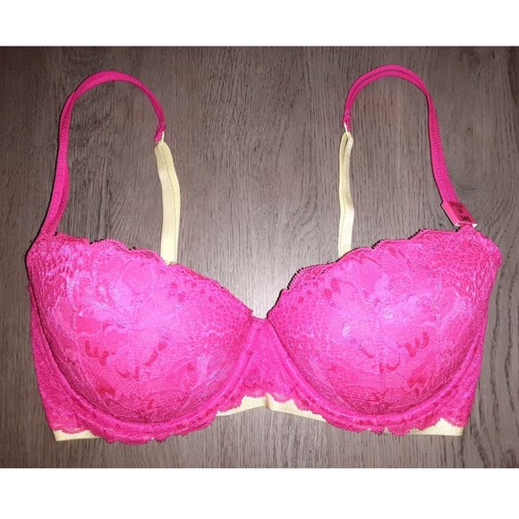 Victoria's Secret PINK Date Push Up Bra Size 34D Hot Pink Lace Neon Yellow Green - Picture 1 of 7